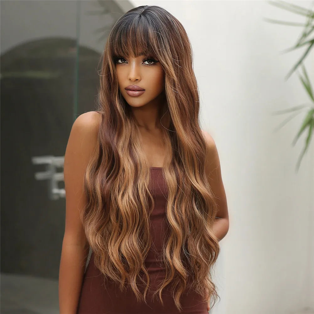 Long Wave Synthetic Highlight Wigs with Bangs for Women