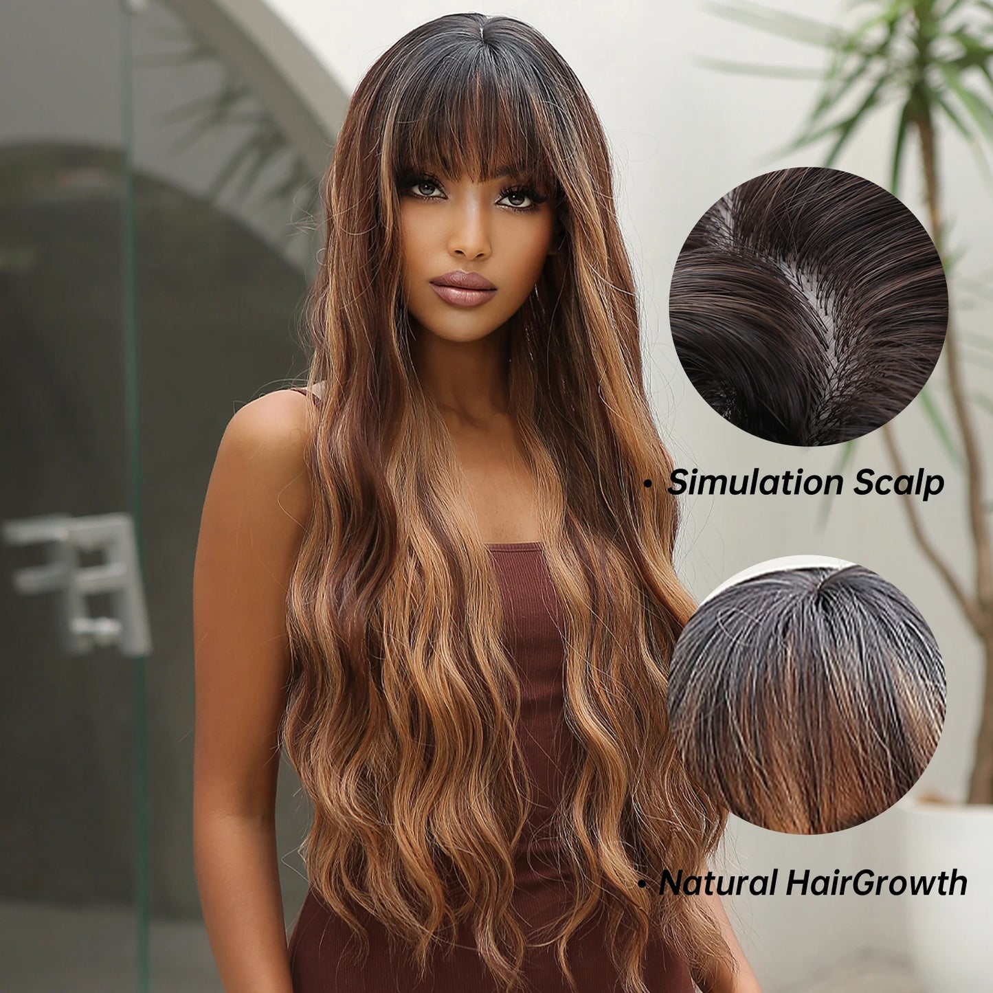 Long Wave Synthetic Highlight Wigs with Bangs for Women