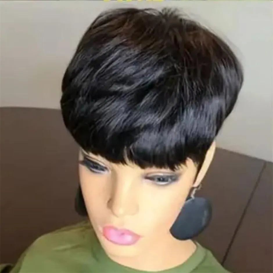 Natural Short Bob Pixie Cut Black Wavy Human Hair Wig