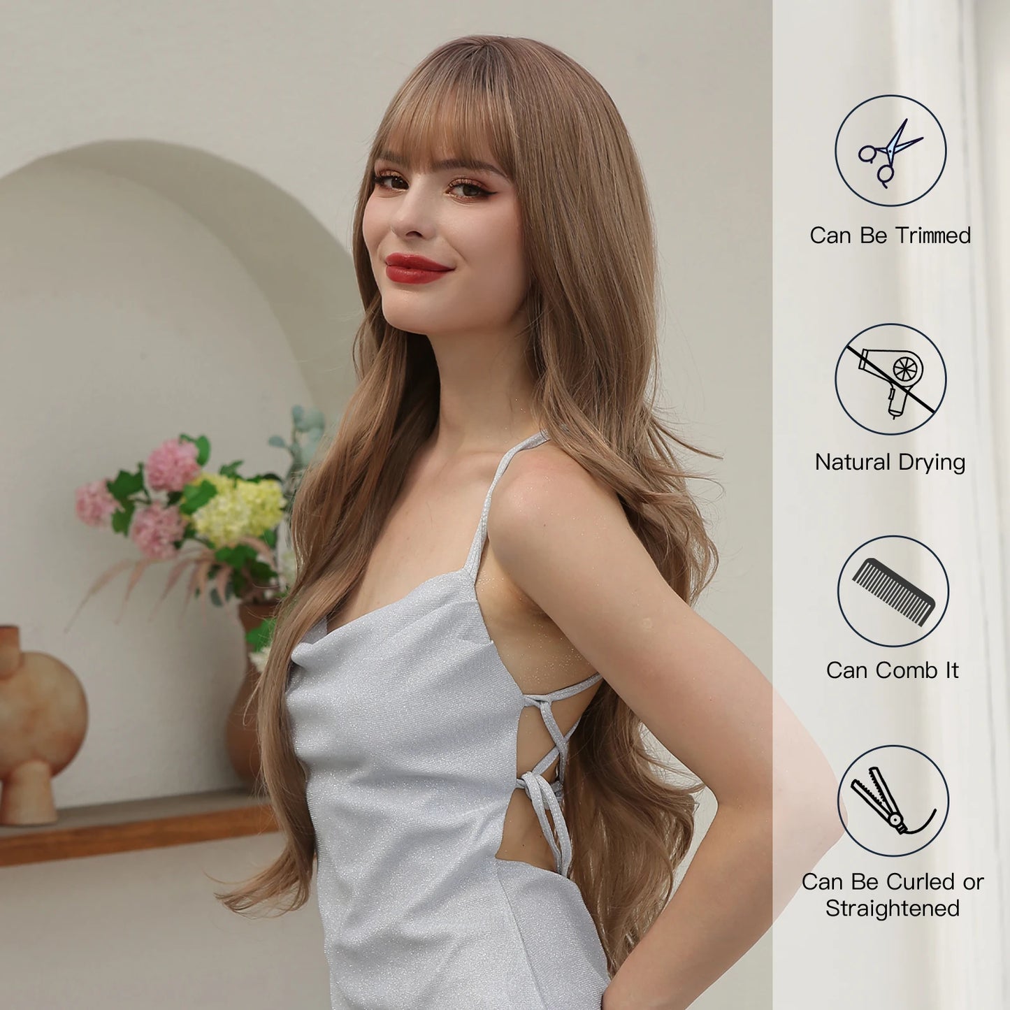 Long Rose Blonde Synthetic Natural Wave Wig with Bangs