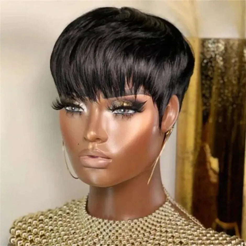 Natural Short Bob Pixie Cut Black Wavy Human Hair Wig