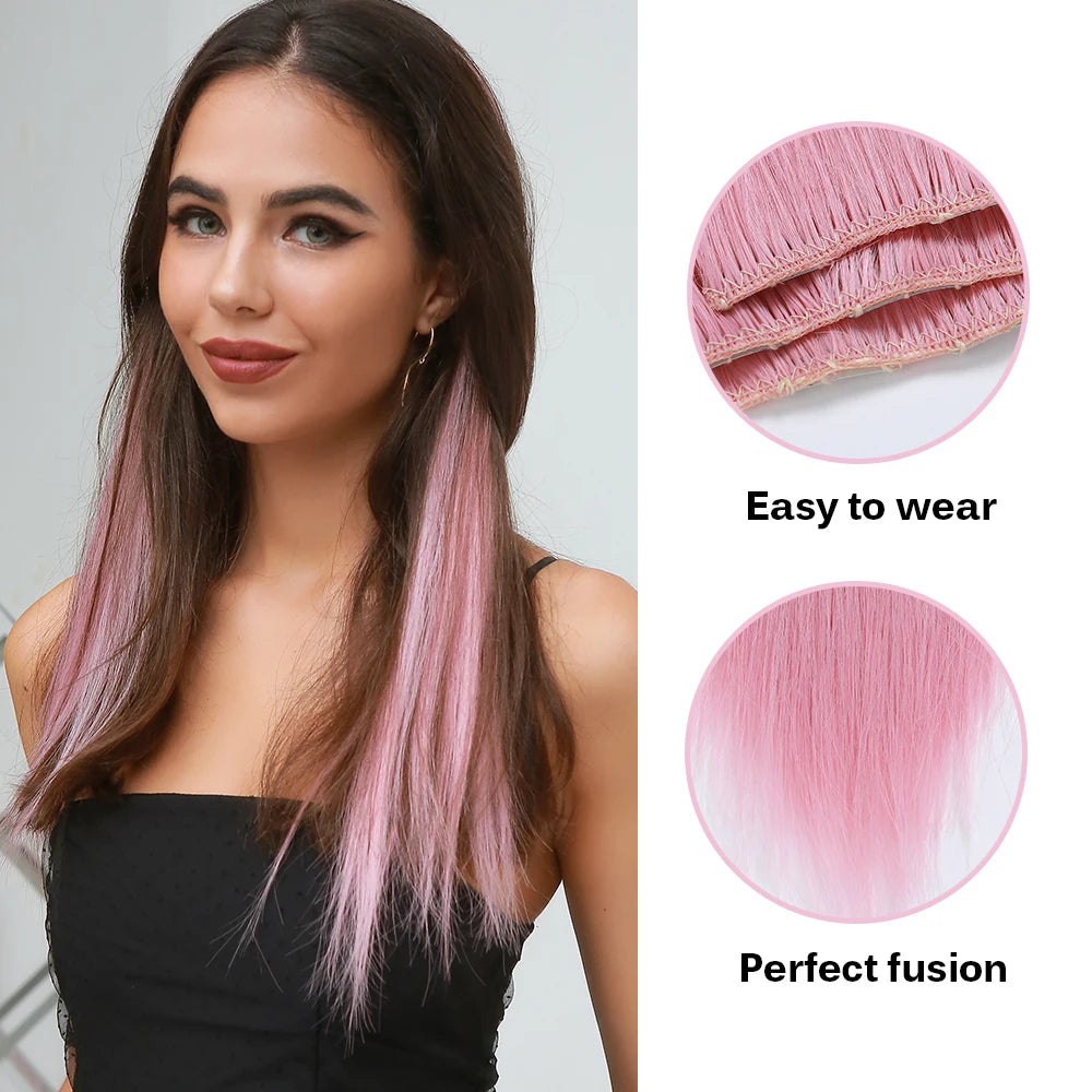 Long Straight Clip in Hair Extension Pink Colorful Synthetic Hairpiece with Clips