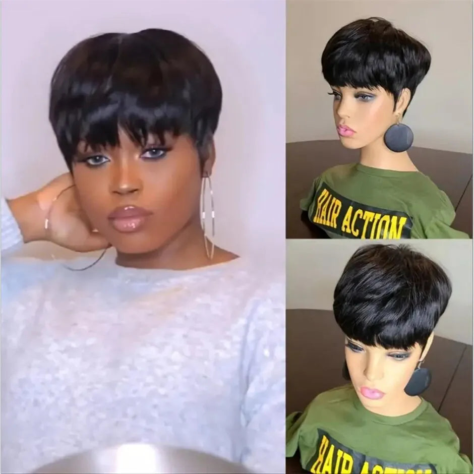 Natural Short Bob Pixie Cut Black Wavy Human Hair Wig