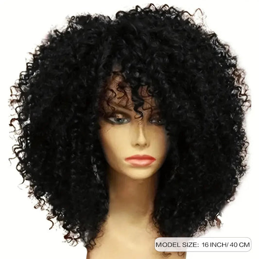 "Bangs Bliss Afro Wig - 200% Density, Brazilian Remy Human Hair"