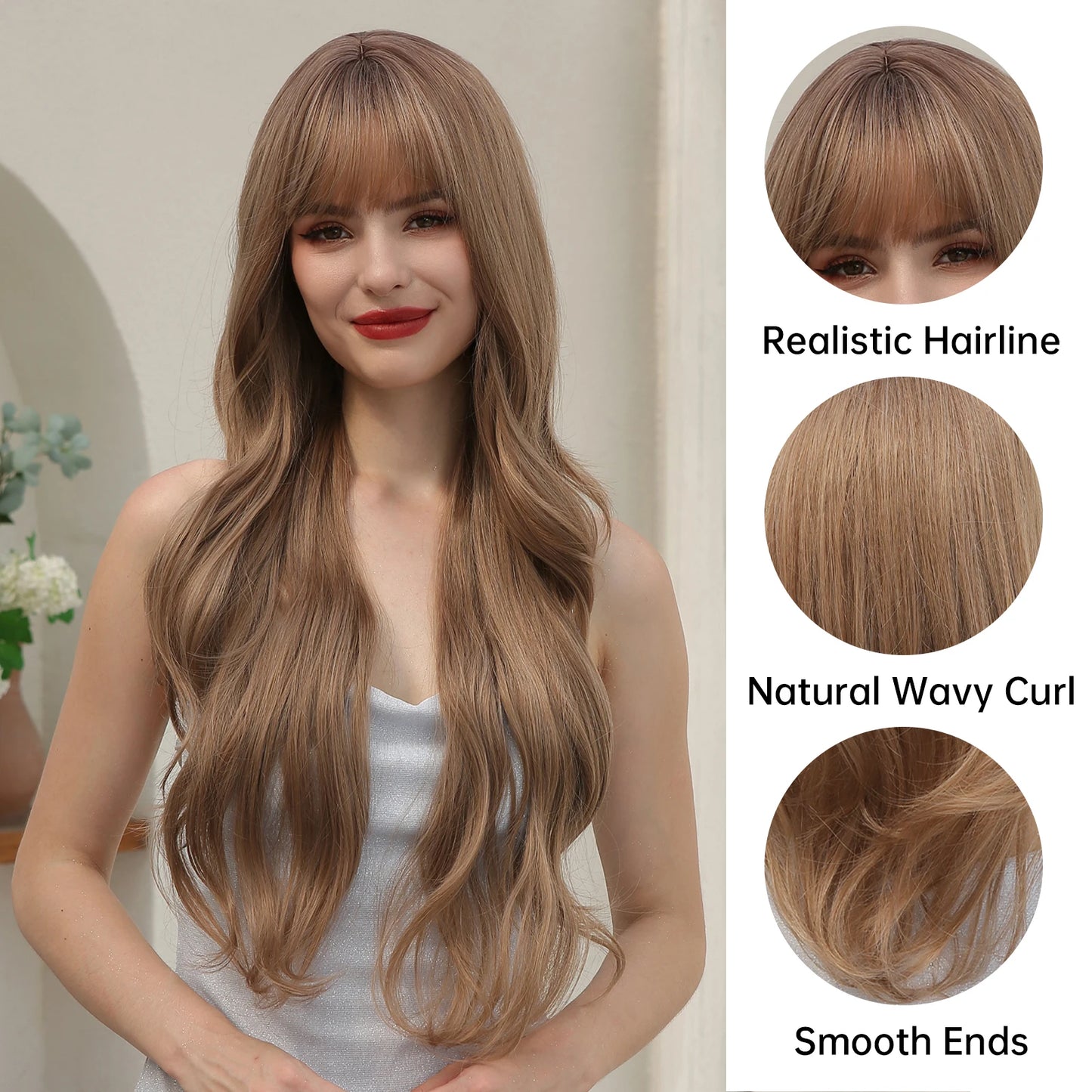 Long Rose Blonde Synthetic Natural Wave Wig with Bangs