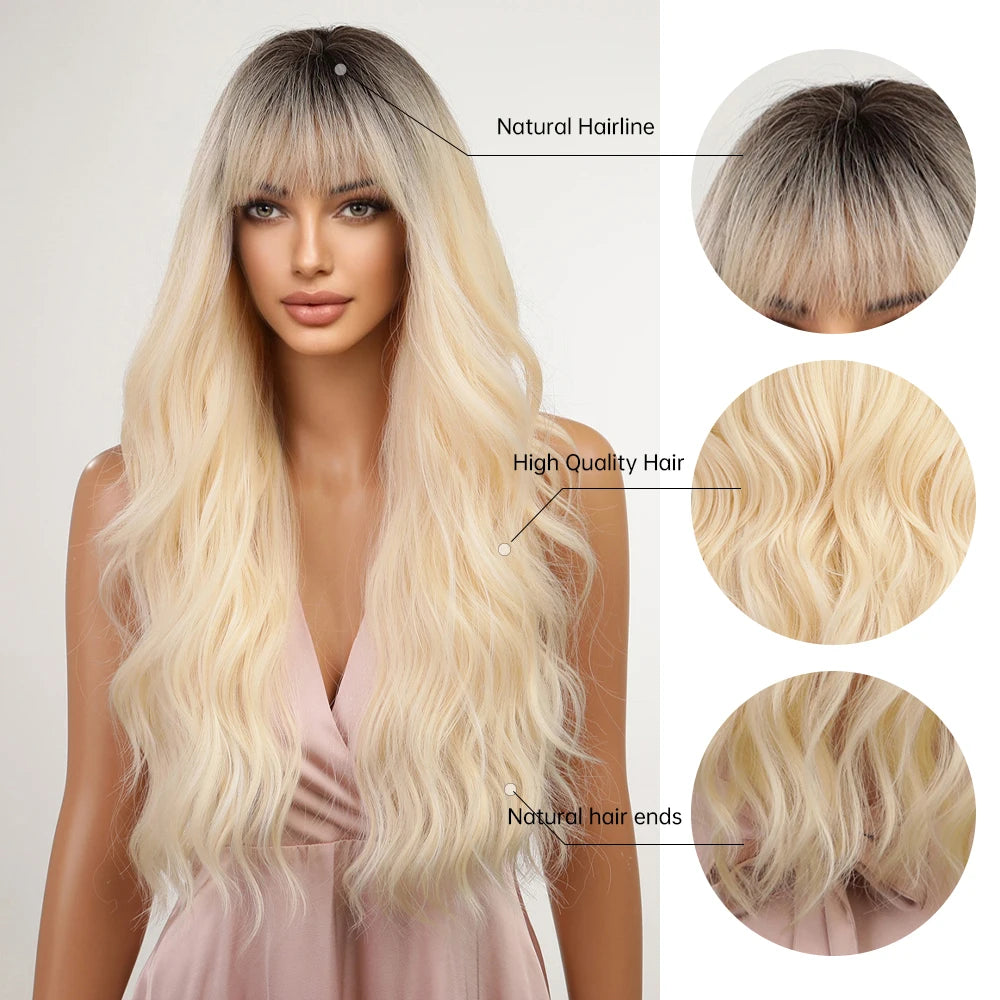 Long Synthetic Natural Wave Wig with Bangs