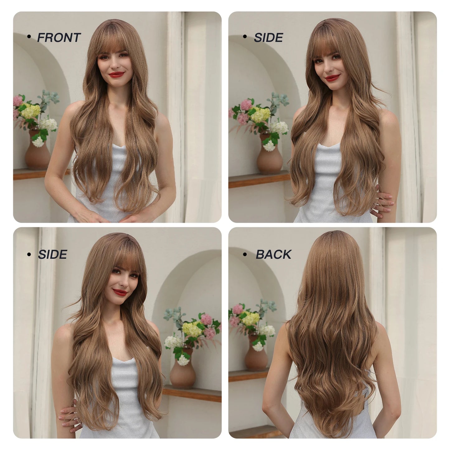 Long Rose Blonde Synthetic Natural Wave Wig with Bangs