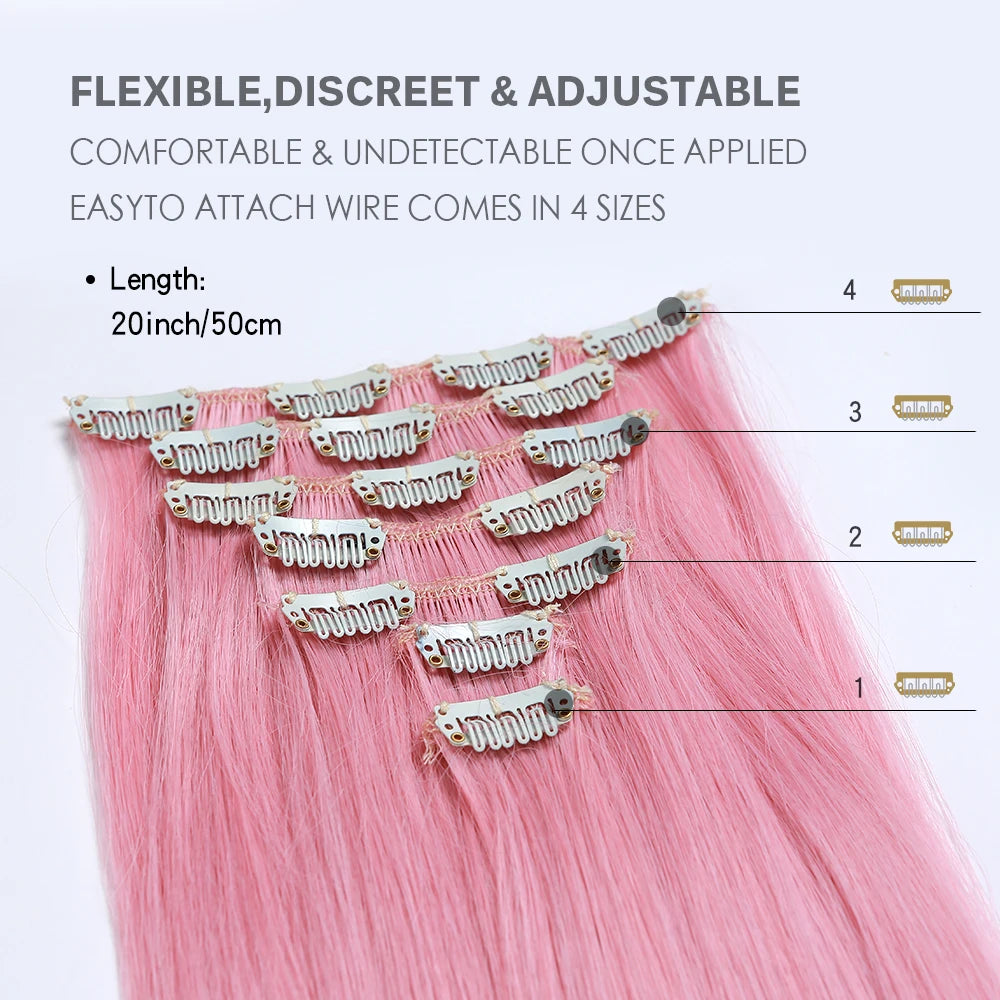 Long Straight Clip in Hair Extension Pink Colorful Synthetic Hairpiece with Clips