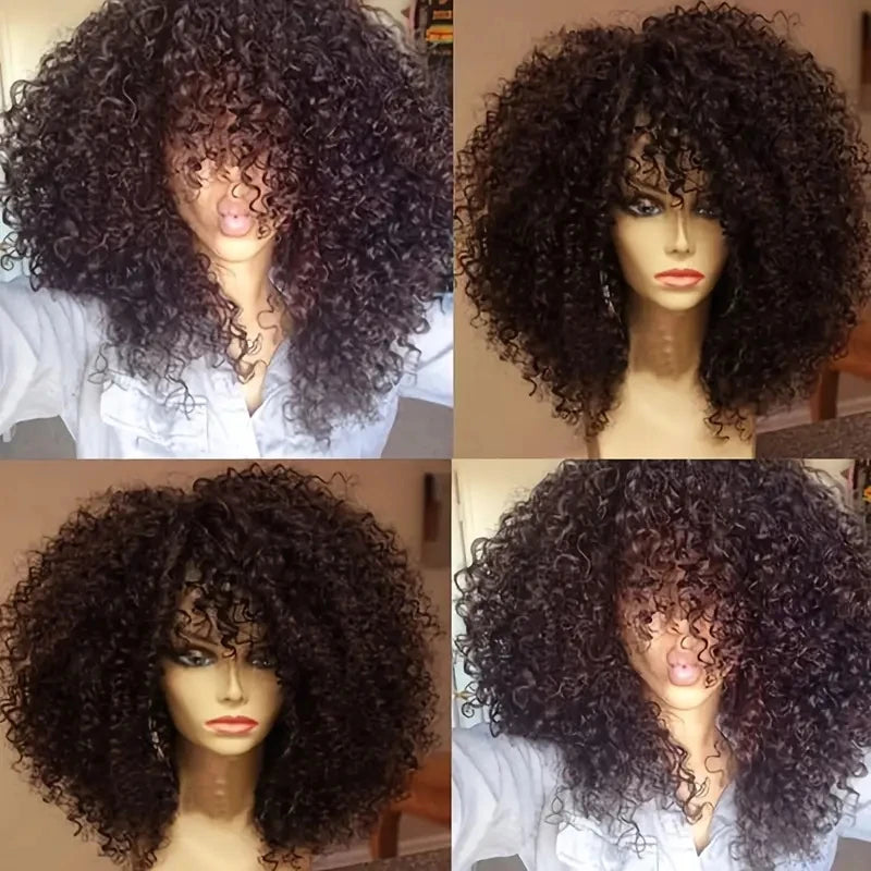 "Bangs Bliss Afro Wig - 200% Density, Brazilian Remy Human Hair"