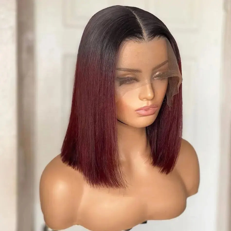 Burgundy Short Straight Bob Human Hair Wigs Lace Front