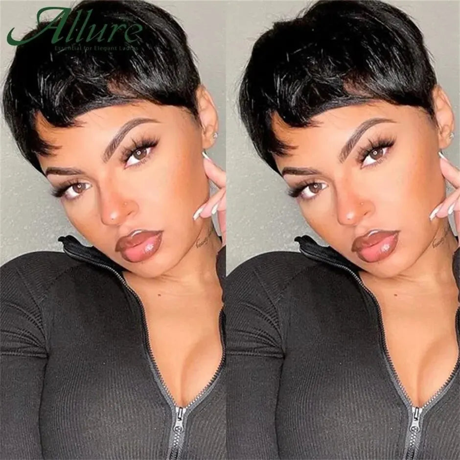 Natural Short Bob Pixie Cut Black Wavy Human Hair Wig